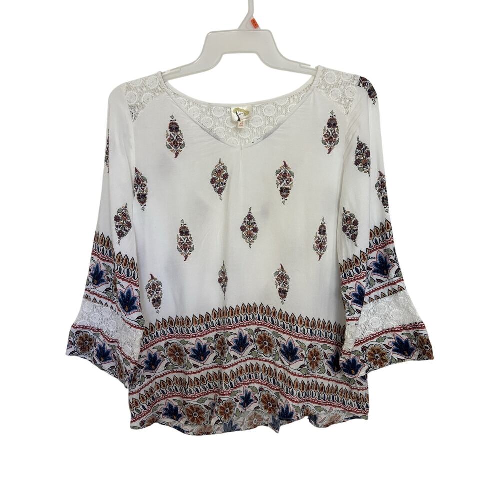 Anthropologie Fig & Flower White Lace Floral Boho 3/4 Sleeve Top XL V-Neck